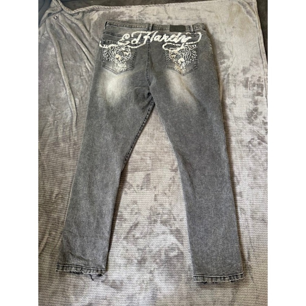 Ed Hardy Mens Grey Acid Wash Tiger Embroidered Straight Leg Jeans 38X30.